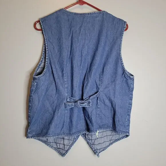 90s Bobbie Brooks Denim Floral Embroidered Vest Lagenlook Cottagecore Size L - Picture 3 of 12